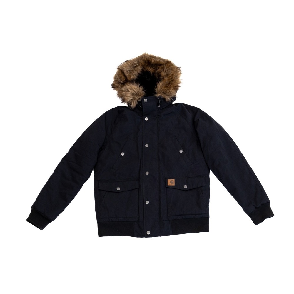 Carhartt WIP Trapper Jacket Black Fur‎ Hood Parka Coat Size L Winter Heavy